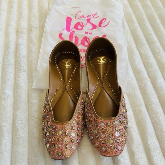 Indian Jutti Women Flat Pink Blue Gold Embroidered Khussa Beaded Fizzy Goblet - Picture 8 of 9